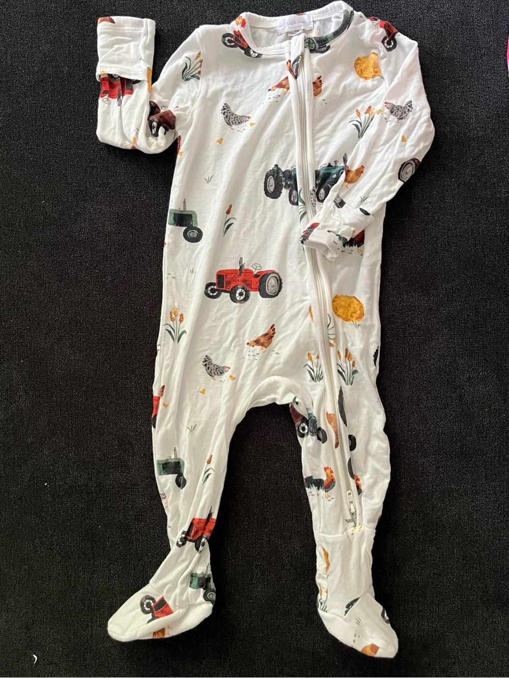 Angel Dear White Footed One-Piece with Red and Green Tractor Print